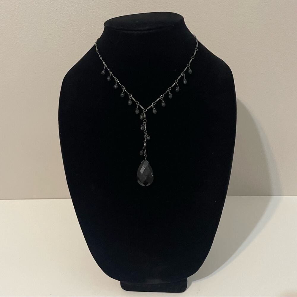 Claire’s Lariat Drop Y Teardrop Necklace Art Deco Dangling Beads Black Pewter